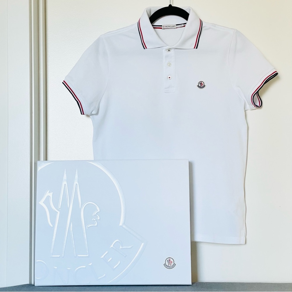 Moncler Logo-Patch Cotton Polo Shirt In White, Size Small Mens with box